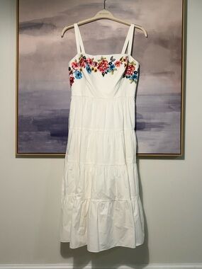 White Floral Embroidered Tiered Midi Sundress